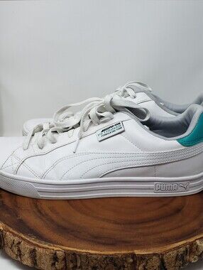 Puma White Sneakers with Teal Heel Tab With Mercedes-Benz Emblem